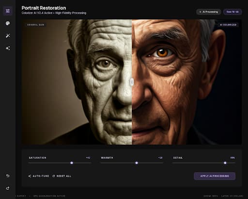 Flixdown-Hauptoberfläche für die KI-Fotokolorierung mit Upload-Bereich und kolorierter Vorschau