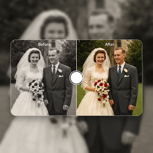 Direkter Vorher/Nachher-Vergleich eines Hochzeitsfotos der 1950er, koloriert mit Flixdown
